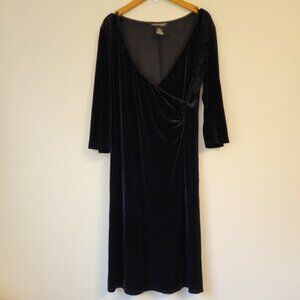 Vtg Jonathan Martin Dress Sz 14 Black Velvet Faux Wrap Top Long Slv Lace Trim